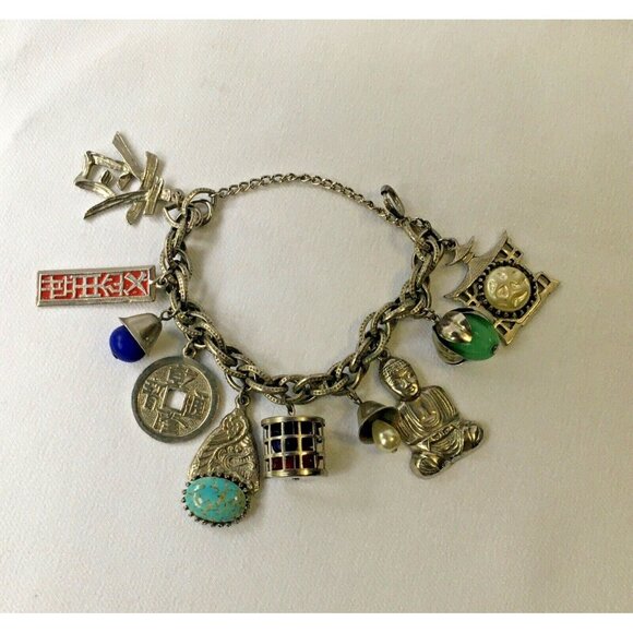 Vintage Chinese Charm Bracelet Loaded Tea House Buddha Dragon Enamel Silver Tone - Picture 2 of 4